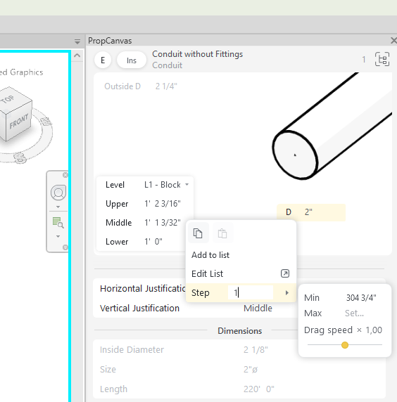 PropCanvas in Revit, with a conduit image, parameter values, and the Step, Min and Max menu.